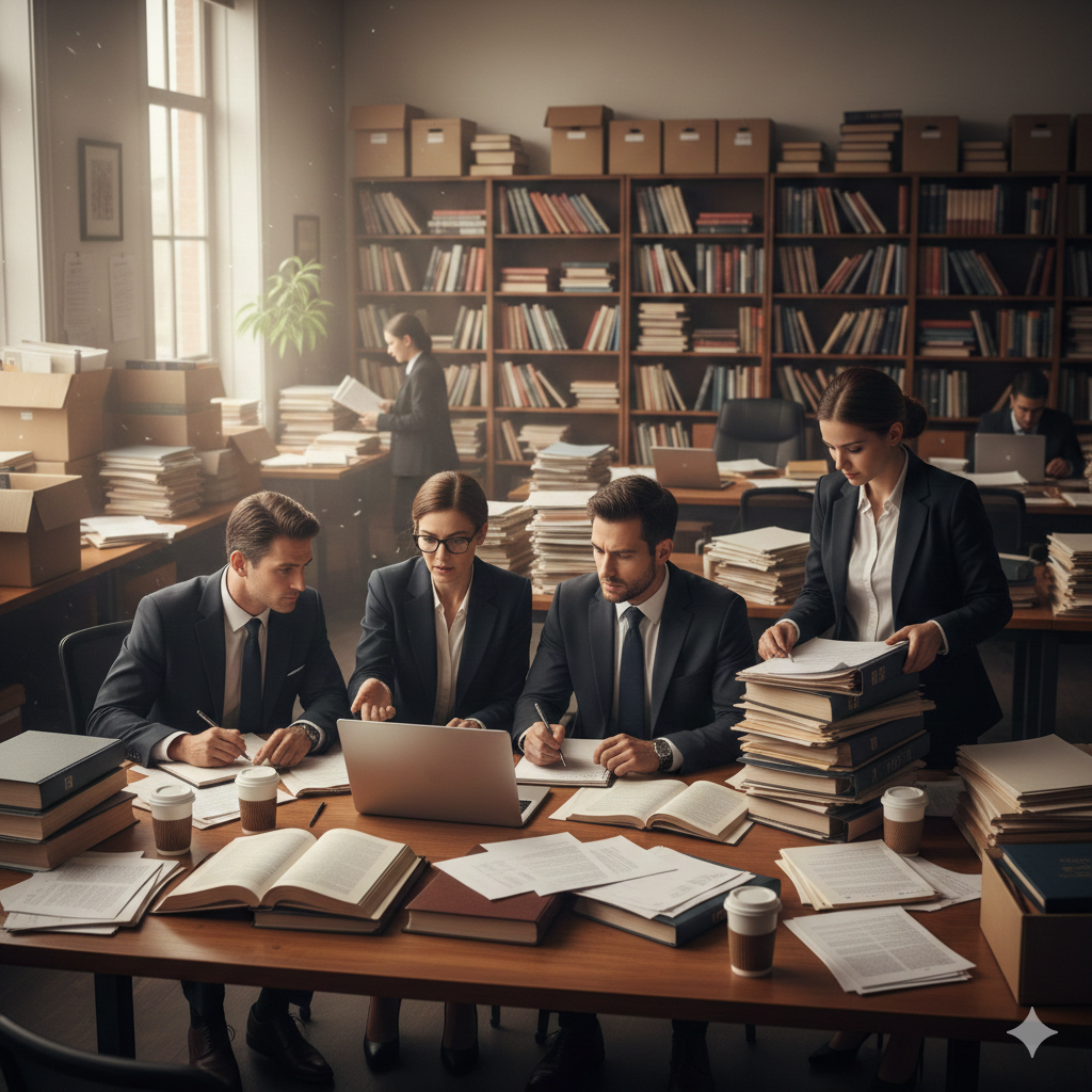 Legal team reviewing documents
